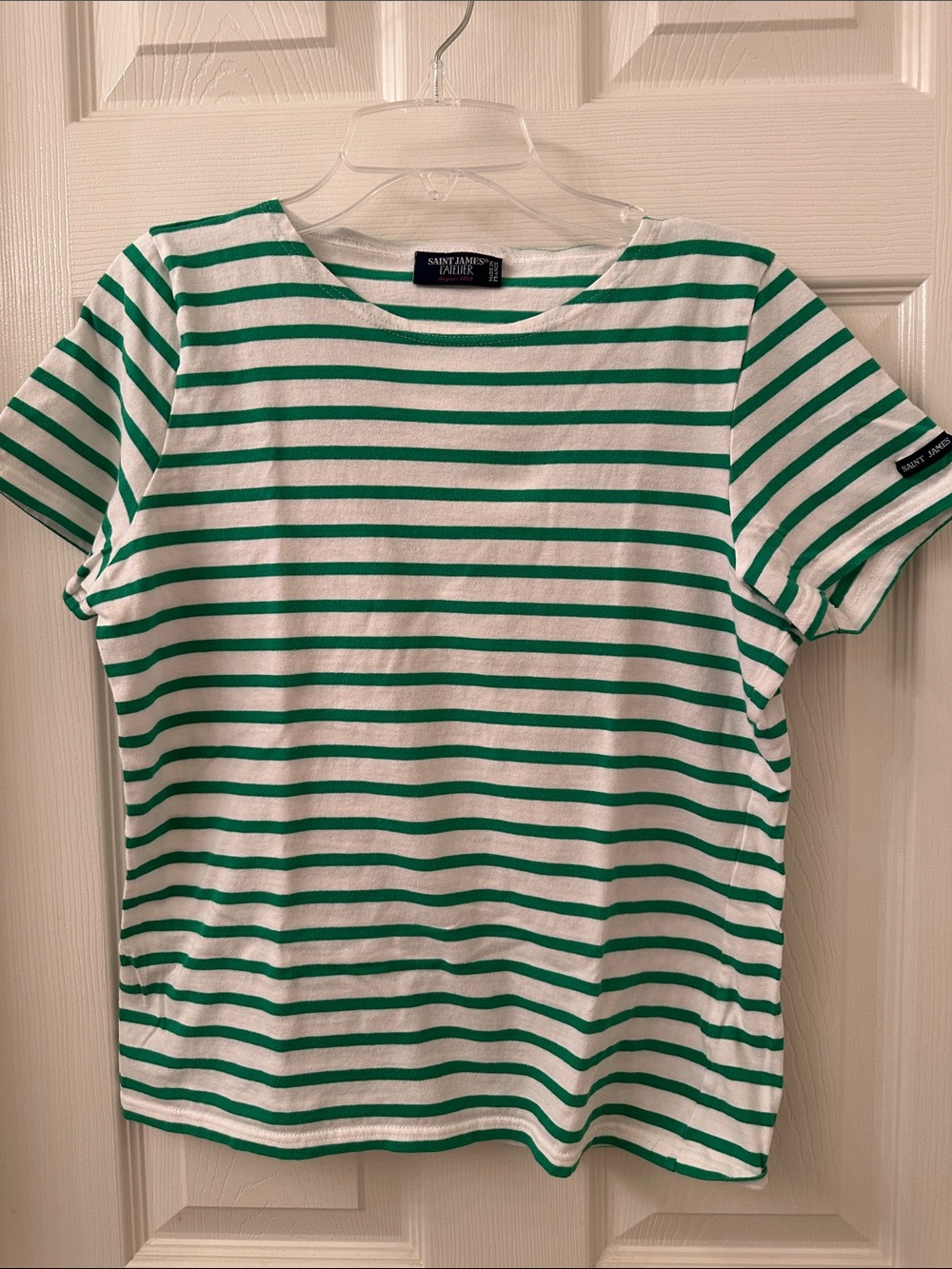 Saint James White Tee with Green Breton Stripes